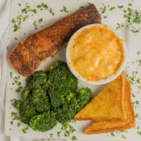 Blackened Grilled Salmon · Tender seasoned just right blackened salmon.  Served with Garlic Mashed Potatoes, Broccoli a...