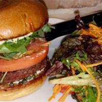 Beyond Veggie Burger · Arugula, capers, tomato & basil aioli on toasted brioche. Served with a side salad.