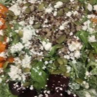 Get Rooted · Arugula, quinoa, roasted carrots & sweet potatoes, pickled beets, pepitas, crumbled goat che...