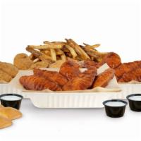 Chicken Tender Pack (16Pc) · 16 crispy tenders with 3 flavors, 3 dips, large fries and 4 rolls (Feeds 4-5)