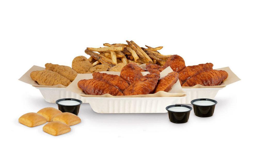 Chicken Tender Pack(16Pc) · 16 crispy tenders with 3 flavors, 3 dips, large fries and 4 rolls (Feeds 4-5)