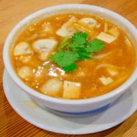 Hot And Sour Soup · Spicy. Soup with chicken, bamboo shoots, mushroom and tofu. (Mild Spicy)