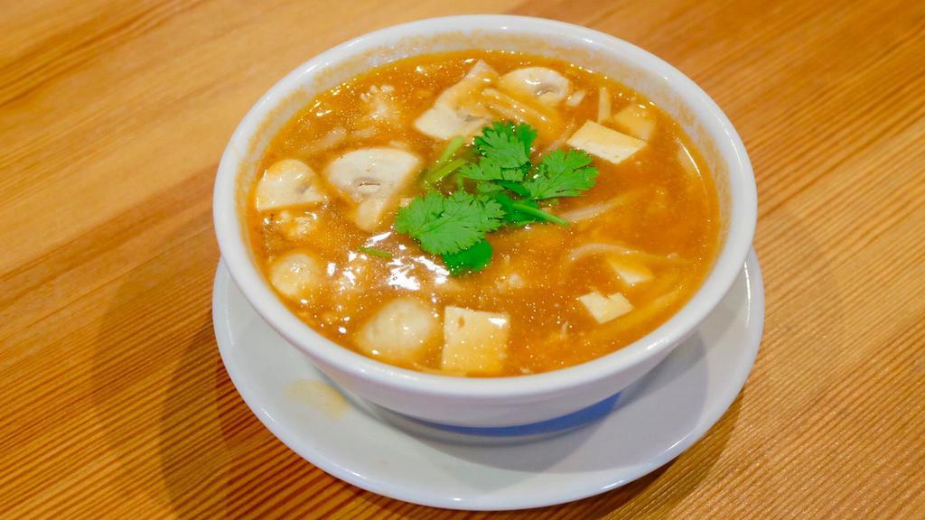 Hot And Sour Soup · Spicy. Soup with chicken, bamboo shoots, mushroom and tofu. (Mild Spicy)