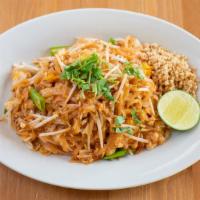 Pad Thai · Rice noodles stir-fried with egg, green onions, beansprouts and crushed peanuts.