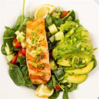 *Lemon-Pepper Salmon Salad · Char-grilled salmon fillet topped with lemon-pepper rub over spinach, fresh mint, avocado, g...