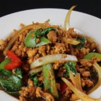 Pad Kra Pao · Onions roasted garlic bell peppers thai aubergine and hot basil.