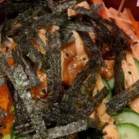 Volcano Bowl · Spicy salmon, spicy tuna, spinach, red onion, jalapeno, cucumber, carrot, seaweed salad, mas...