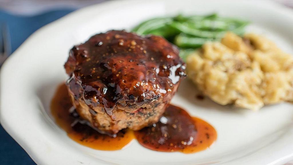 Bourbon Peppercorn Glazed Meatloaf · scratch-made blend of beef & chorizo, choice of two farm fresh sides