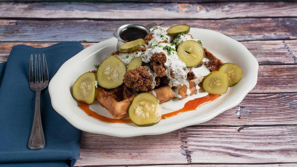 Mac-N-Cheese Waffles With Asheville Hot Fried Chicken* · yes, we put mac-n-cheese in a waffle,. topped it with spicy fried chicken, house-made garlic. buttermilk ranch, pickles and chives...you're welcome