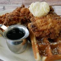 Classic Chicken* & Waffles · honey dusted fried chicken over buttermilk waffles, powdered sugar and whipped butter