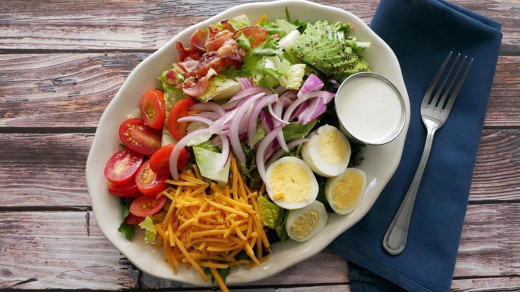 For The Love Of Cobb (Gf) · romaine & mixed greens, grape tomatoes, chopped bacon, hard-boiled egg, cheddar cheese, avocado, red onion, with scratch-made garlic buttermilk ranch
