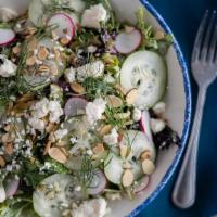 Lemon Garden Party (Gf) · arugula and mixed greens tossed in lemon herb dressing, topped with shaved cucumbers & radis...