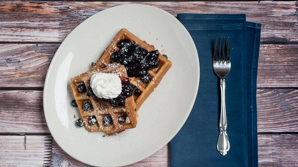 Kid'S Mountain Blueberry Waffle · scratch-made blueberry compote, fresh blueberries, whipped cream, powdered sugar