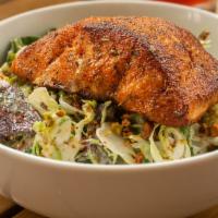 Blackened Salmon Salad · shaved fennel and brussels sprouts, baby gem, kale, strawberries, avocado, goat cheese, cand...
