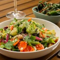 Greek Salad · mixed greens, cured vegetables, pickled onion,. marinated tomato, kalamata olive, pepperonci...