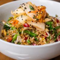 Vegan Fried Rice Bowl · cauliflower rice, peppers, kimchi, corn, bean sprouts,. carrots, broccolini, soy
