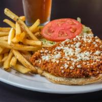 Buffalo Chicken Sandwich · panko crusted chicken breast slathered in Joe's regular sauce, topped with crumbled blue che...