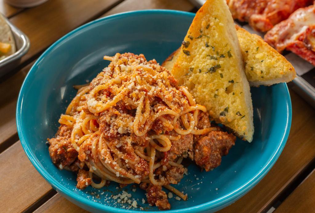 Kids Spaghetti And Meatballs · with garlic bread