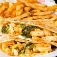 Shrimp Quesadilla · Served with a side of fries.