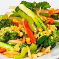 Vegetable Stir Fry · Broccoli, corn and a medley of peppers sauteed in sesame oil and soy sauce.