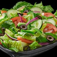 Greek Salad (Regular) · Feta, cucumber, tomato, red onion and black olive over lettuce mix. Dressing on the side.