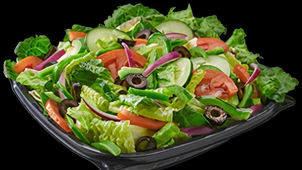 Garden Salad (Regular) · Tomato, cucumber, red onion, green pepper and black olive over lettuce mix. Dressing on the side.