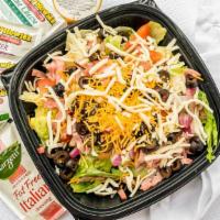 Chef Salad (Large) · Ham, cheddar, mozzarella, tomato, red onion and black olive over lettuce mix. Dressing on th...