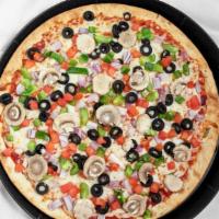 Veggie (Medium) · 220 cal. per slice, eight slices.Mushroom, green pepper, onion, black olive, tomato and mozz...