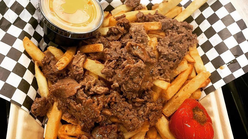 Cheese Steak Fries (Entree) · Fries topped with eddies and sons grilled ribeye, chicken, or vegan protein, with w/o onions and cheese whiz.