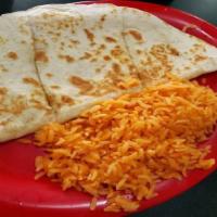 Veggie  Quesadilla · Sautéed bell peppers and onions, served with rice, beans, and salad.