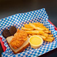 Chicken Tender Kids Meal · Includes one jumbo chicken tender, French fries, cookies, white bread, children's drink and ...