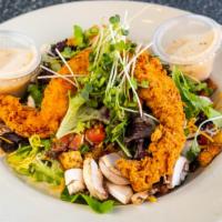 Fried Or Grilled Chicken Salad Salad · Assorted greens, cheddar jack cheese, mushrooms, pico de gallo, fried or grilled chicken bre...