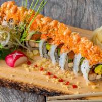 Victorai Roll · Salmon, Crab kani, cream cheese,avocado,Top w/salmon chopped mix scallions, masago,spicy may...