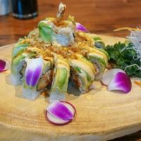 Angel Roll · Shrimp tempura, krab salad, masago, cream cheese, topped with avocado, spicy mayo, eel sauce...