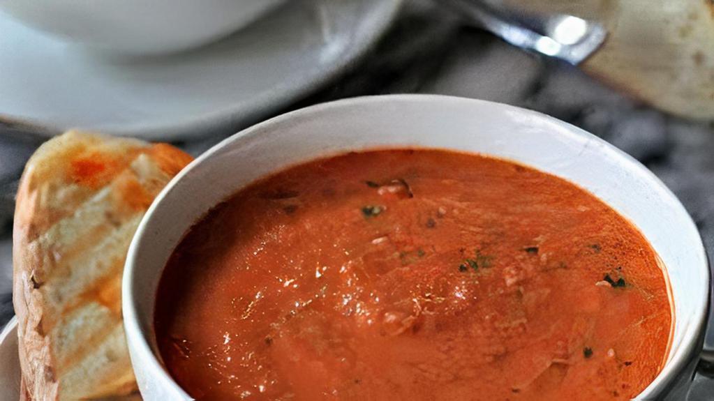Tomato Basil · Our tomato basil soup is a healthy blend of tomatoes, basil, onion and ground white pepper with a touch of heavy cream. Add a Grilled Cheddar & Provolone Cheese Sandwich to this smooth, rich soup.