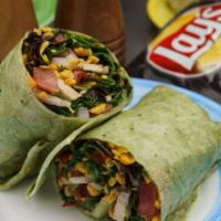 Veggie Wrap · Spring mix lettuce, roasted red onions, tomatoes, cucumbers, mushrooms, cheddar cheese and b...
