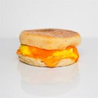 English Muffin, Egg, & Cheddar · 2 scrambled eggs, melted Cheddar cheese, and Sriracha aioli on a toasted English muffin.