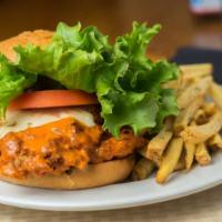 Buffalo Chicken Sandwich · Spicy, fried chicken breast coated with our medium wing sauce, covered in melted pepper jack...
