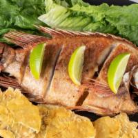 Mojarra Cartagenera (Colombia) · Whole crispy deep fried tender “mojarra” fish (center bone) served with Home made ¨Titote¨co...