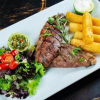 Picanha (Brasil) · Grilled top sirloin cap (coulotte) steak, yuca fries, mixed greens, Balsamic dressing salad,...