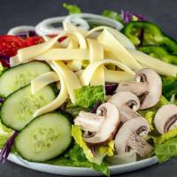 Garden Salad · Iceberg and romaine lettuce mix with red cabbage, cucumber, tomatoes, green peppers, mushroo...