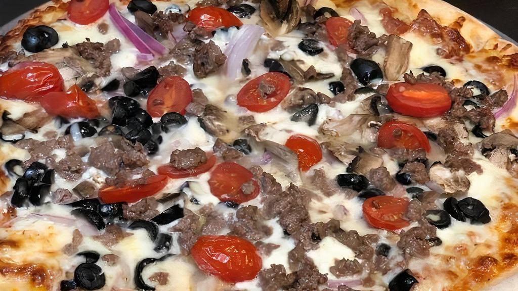 Greek Pizza · Mozzarella, feta cheese, onion, black olives and cherry tomatoes.