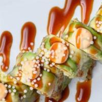 Dragon House Roll · Shrimp tempura, cucumber i/o topped with avocado, eel sauce and spicy mayo.
