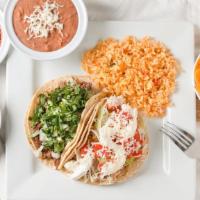 Grilled Veggie (Plate) · 2 Tacos served with beans and rice. Topped with lettuce, tomatoes, pico, guacamole,grilled o...