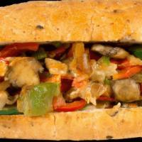 #15 Veggie Philly · Grilled Onions, Red & Green Peppers, Tomatoes, Cucumbers, & Swiss American Cheese on White R...