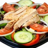 Grilled Chicken Salad · Chicken, Provolone, Tomatoes, Onions, Cucumbers, Red & . Green Peppers, & Mixed Greens