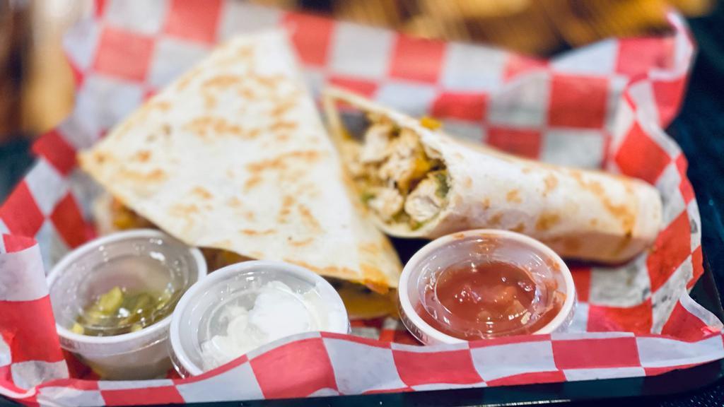 Chicken Quesadilla · Grilled or fried chicken, a blend of cheddar cheeses and salsa in a crispy toasted flour tortilla.