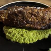 Braised Short Rib · Gluten free. Peas, ginger and wasabi purée.