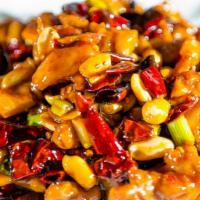 Kung Pao Chicken  · Spicy. Stir-fried chicken w. diced mixed veg. & peanut in spicy house sauce.
