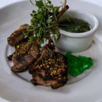 Lamb Lollipops · Pistachio crusted and served with chimichurri.